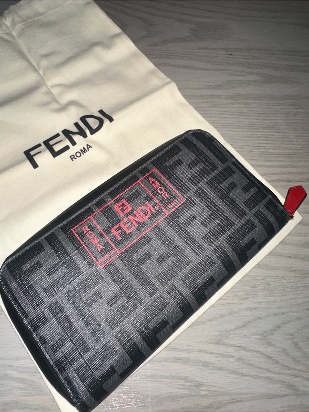 Fendi Black Zucca Canvas Zip Wallet with Red Logo Accent - Picture 3 of 7